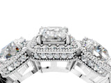 Platinum Three-Stone Emerald Cut Halo Diamond Milgrain Band with Four-Prong Setting_11