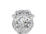 Platinum Three-Stone Emerald Cut Halo Diamond Milgrain Band with Four-Prong Setting_12