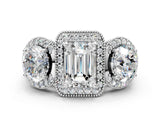 Platinum Three-Stone Emerald Cut Halo Diamond Milgrain Band with Four-Prong Setting_7