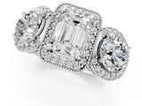 Platinum Three-Stone Emerald Cut Halo Diamond Milgrain Band with Four-Prong Setting_8