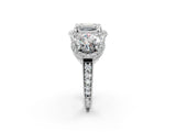 Platinum Three-Stone Emerald Cut Halo Diamond Milgrain Band with Four-Prong Setting_9