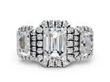 Platinum Three-Stone Emerald Cut Halo Diamond Ring with Pave Band and Four-Prong Setting_7
