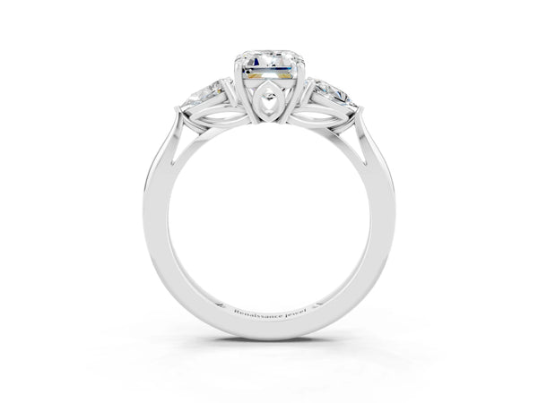 Platinum Three-Stone Emerald Cut Moissanite Ring with Pear  Side Stones in Four-Prong Setting