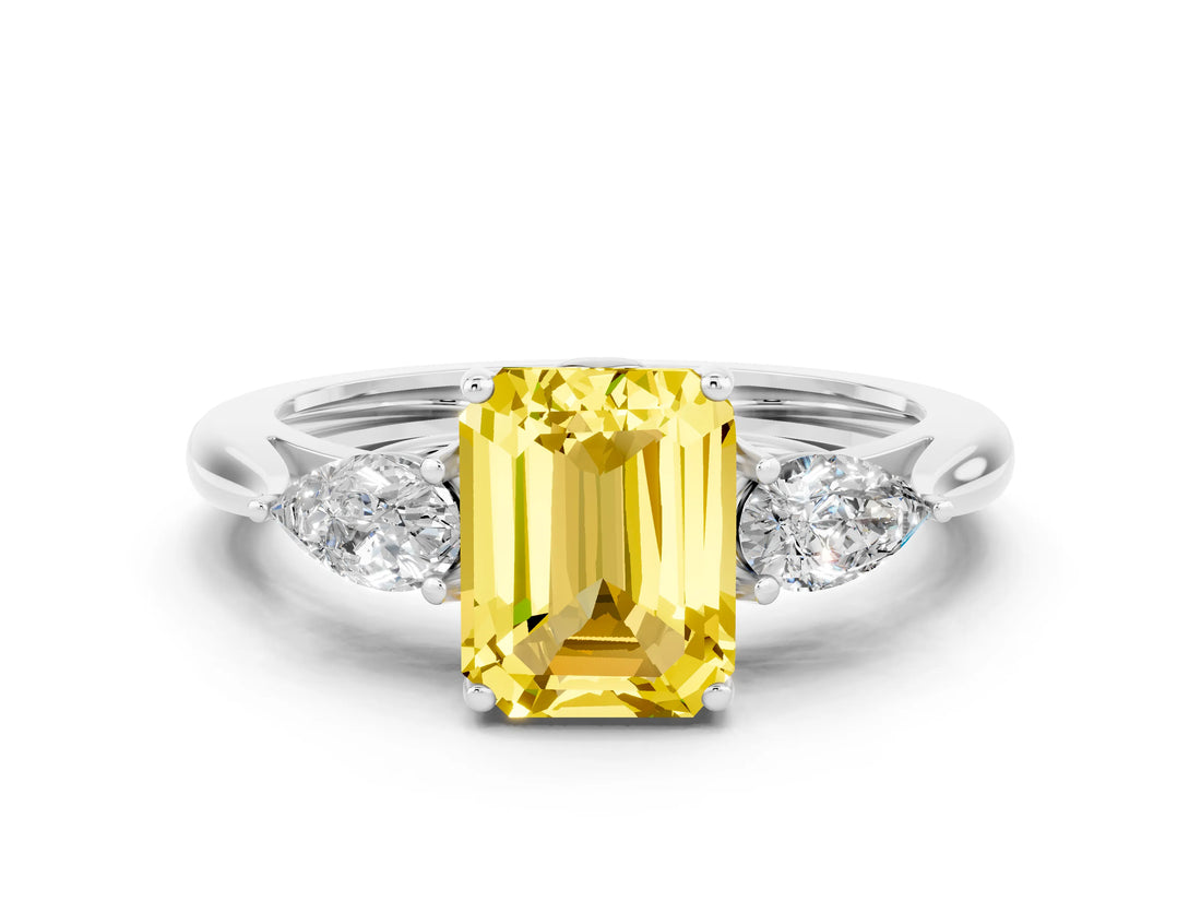 Platinum Three-Stone Emerald Cut Yellow Sapphire Ring with Pear  Side Stones in Four-Prong Setting_54