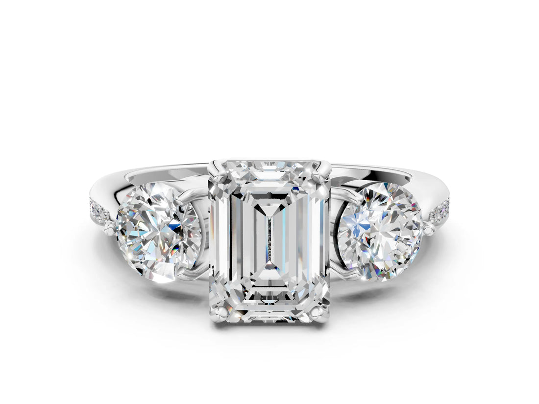 Platinum Three-Stone Emerald Diamond Channel Set Engagement Ring with Prong Setting_3