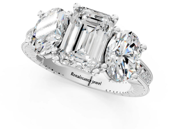 Platinum Emerald Cut Three-Stone Vintage Engagement Ring Setting with Graduated Milgrain Pave Band