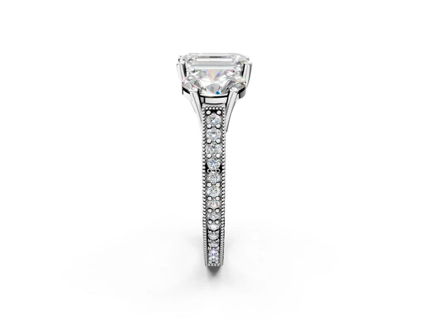 Platinum Emerald Cut Three-Stone Vintage Engagement Ring Setting with Graduated Milgrain Pave Band