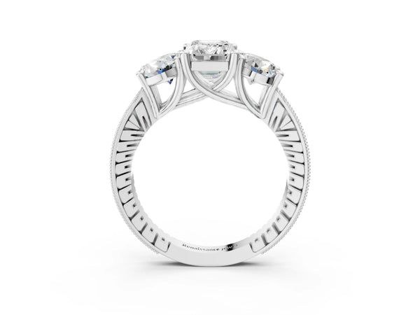 Platinum Emerald Cut Three-Stone Vintage Engagement Ring Setting with Graduated Milgrain Pave Band
