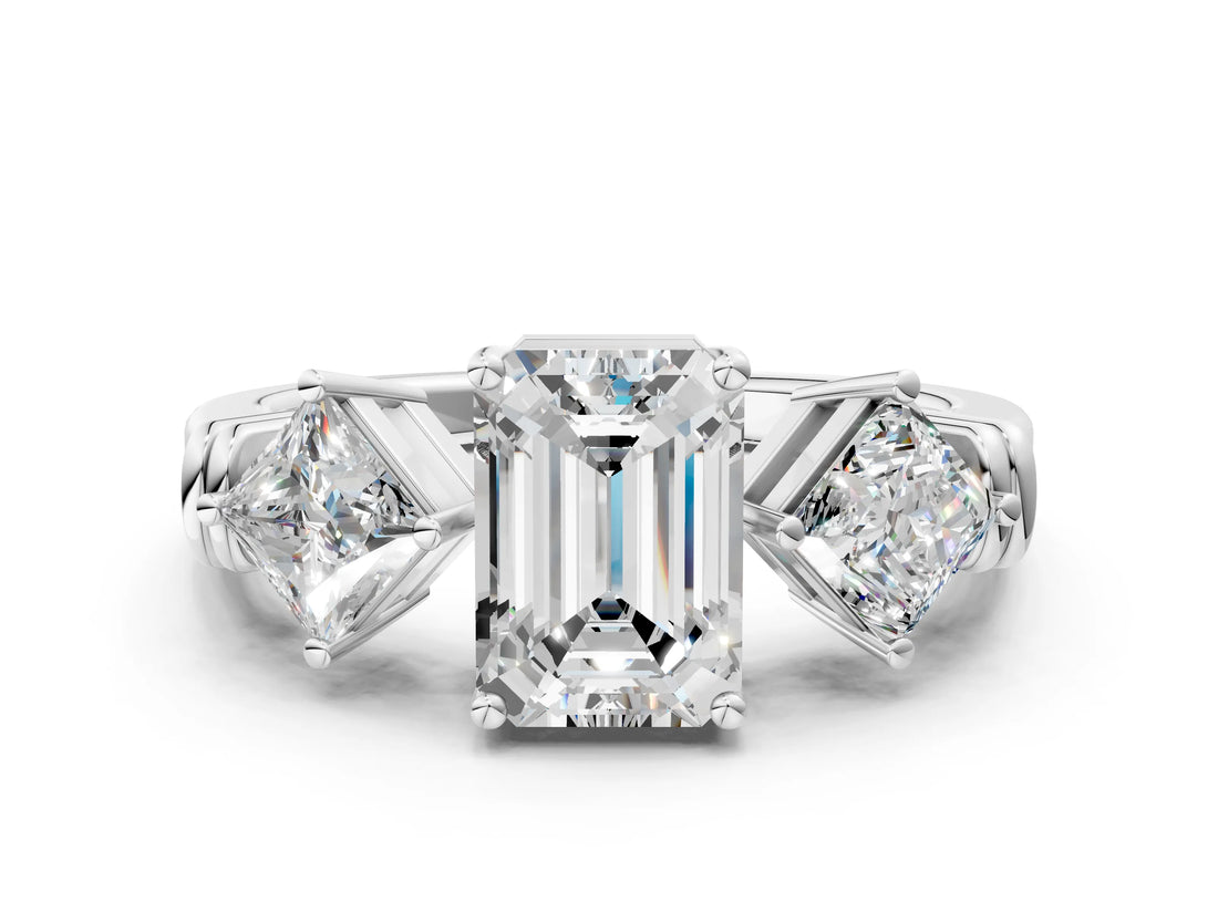 Platinum Three-Stone Emerald and Princess Cut Diamond Ring with Channel Band and Four-Prong Setting_40