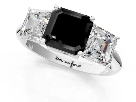 Platinum Three-Stone Fancy Black Asscher Cut Cut Diamond Engagement Ring with Prong Setting on a White Gold Band_50
