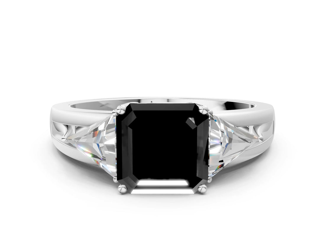 Platinum Three-Stone Fancy Black Asscher Cut Cut Diamond Ring with Trillion Side Stones on a Split Shank Band_6