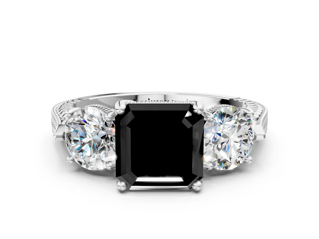 Platinum Three-Stone Fancy Black Asscher Cut Cut Milgrain Band Prong Setting Ring_18