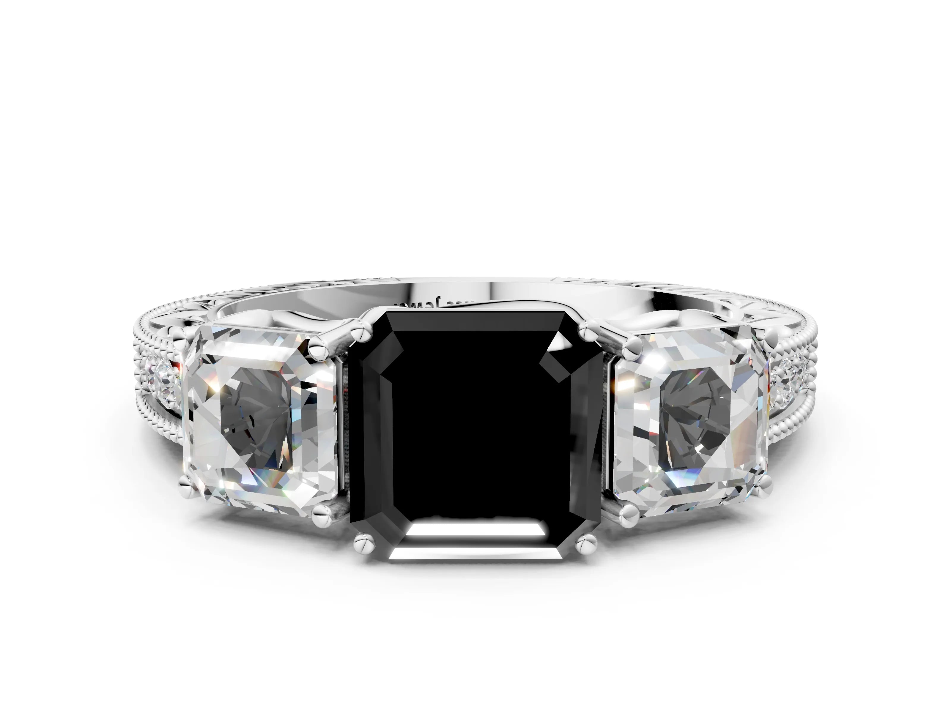 Platinum Three-Stone Fancy Black Asscher Cut Cut Milgrain Pavé Engagement Ring_18