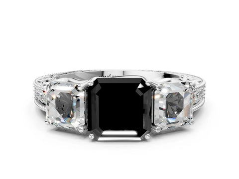 Platinum Three-Stone Fancy Black Asscher Cut Cut Milgrain Pavé Engagement Ring_18