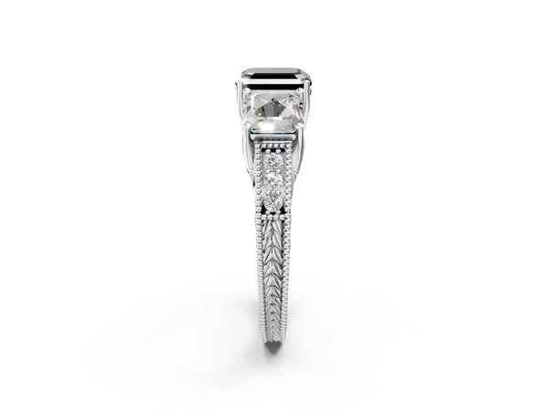 Platinum Asscher Cut Engraved Three Stone Engagement Ring Setting for Black Center