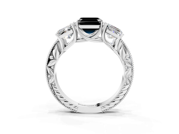 Platinum Asscher Cut Engraved Three Stone Engagement Ring Setting for Black Center
