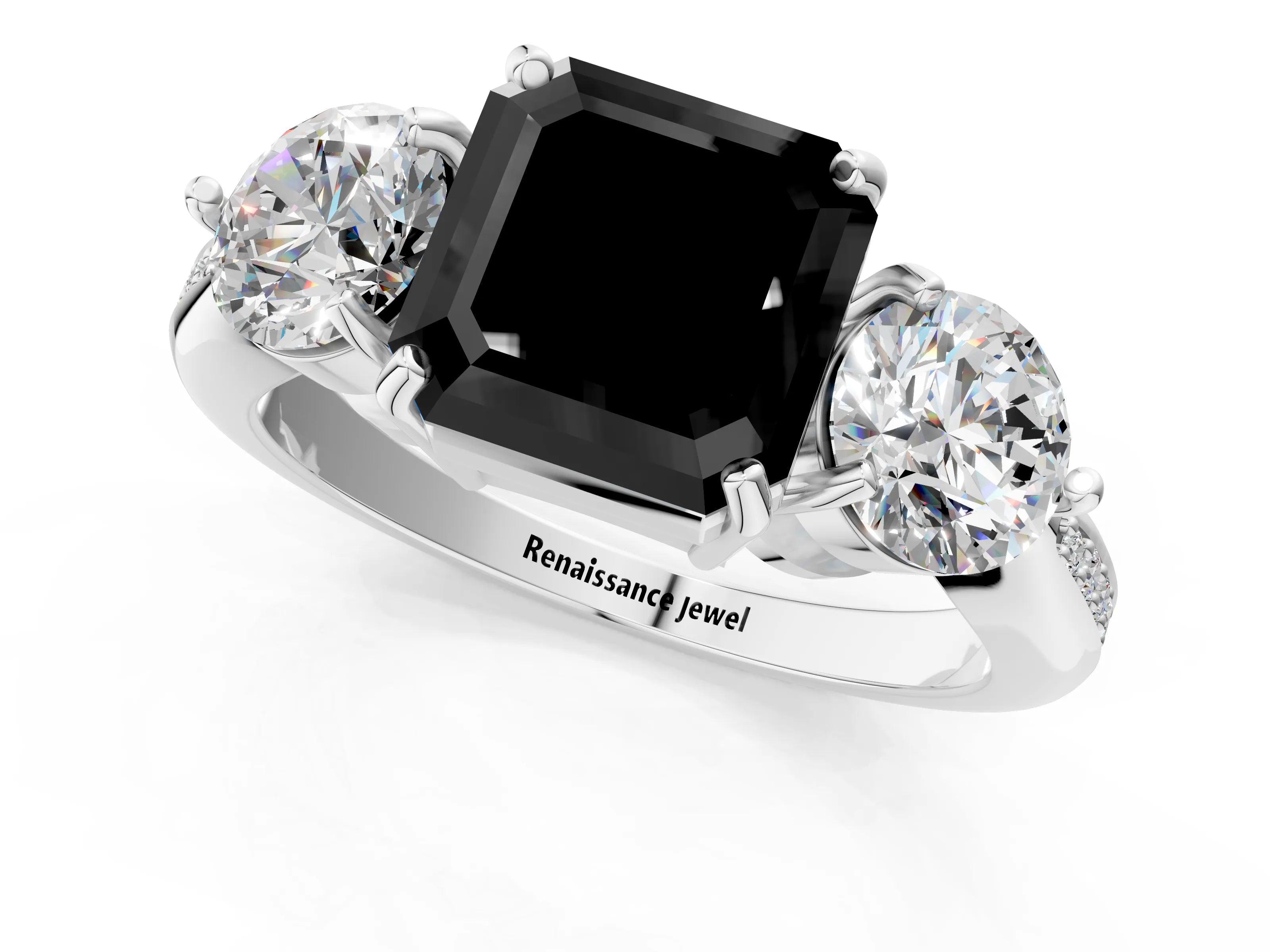 Platinum Three-Stone Fancy Black Asscher Cut Diamond Channel Set Engagement Ring with Prong Setting_25