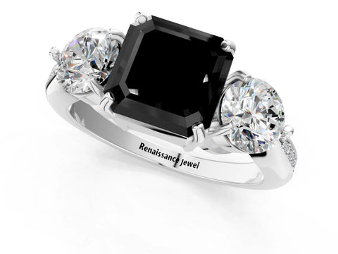 Platinum Three-Stone Fancy Black Asscher Cut Diamond Channel Set Engagement Ring with Prong Setting_25