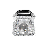 Platinum Three-Stone Fancy Black Asscher Cut Halo Diamond Ring with Pave Band and Four-Prong Setting_11