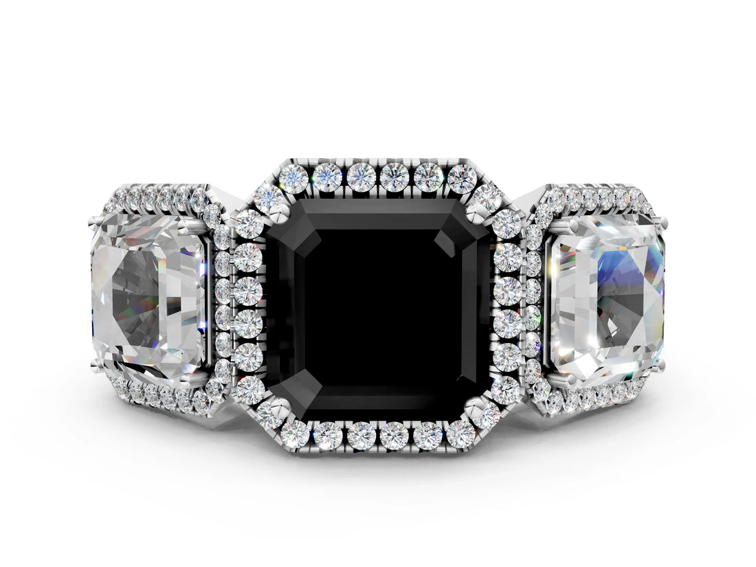 Platinum Three-Stone Fancy Black Asscher Cut Halo Diamond Ring with Pave Band and Four-Prong Setting_6