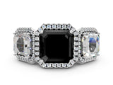 Platinum Three-Stone Fancy Black Asscher Cut Halo Diamond Ring with Pave Band and Four-Prong Setting_6