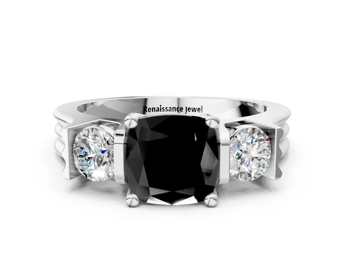 Platinum Three-Stone Fancy Black Cushion Cut Cut Classic Band Prong Setting Ring_12
