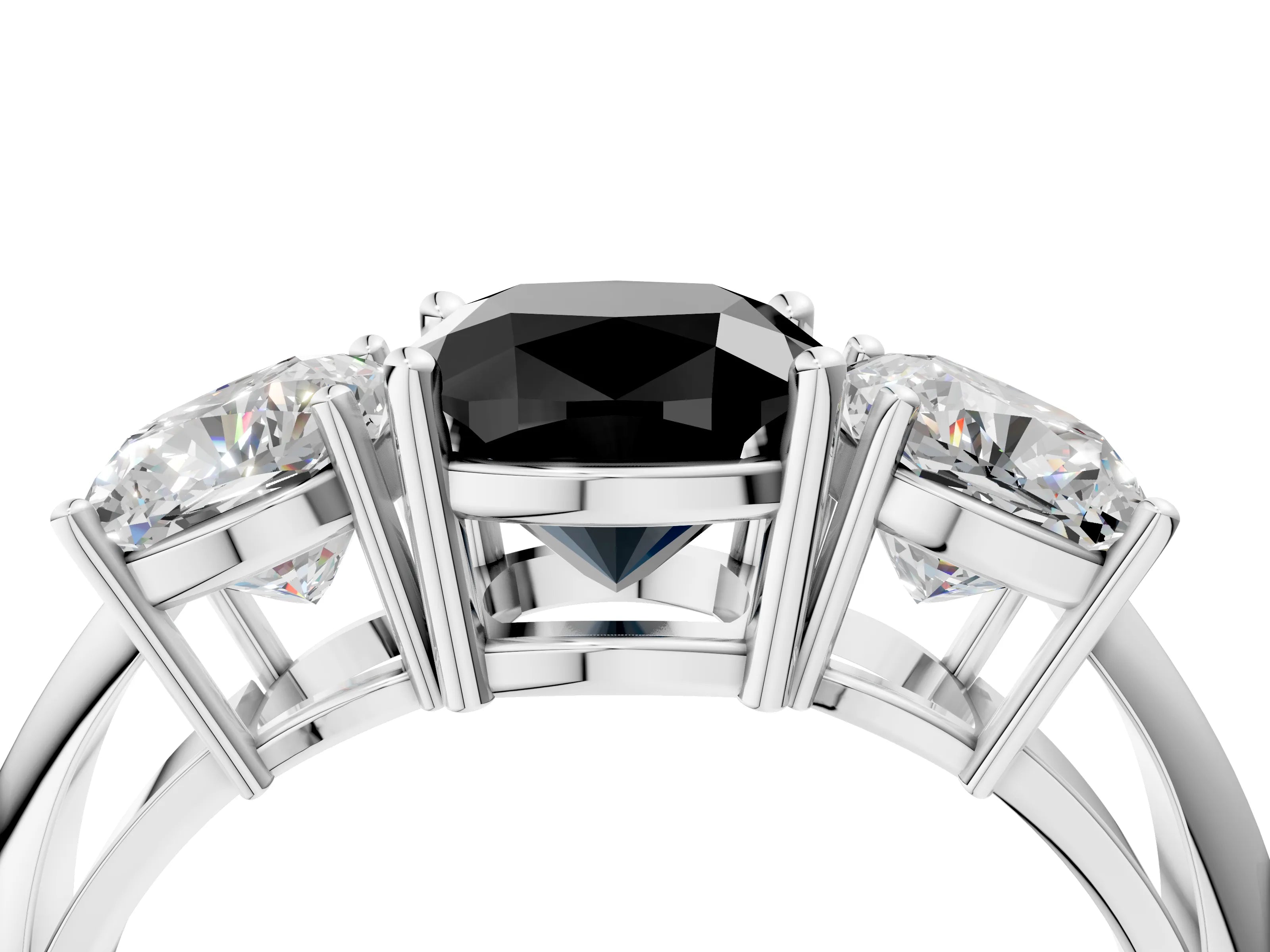 Platinum Three-Stone Fancy Black Cushion Cut Cut Diamond Engagement Ring with Prong Setting on a White Gold Band_46