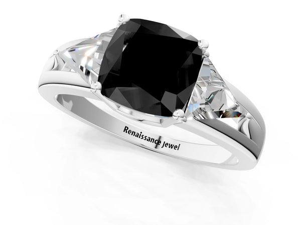Platinum Cushion Cut Trillion Three Stone Engagement Ring Setting for Black Center
