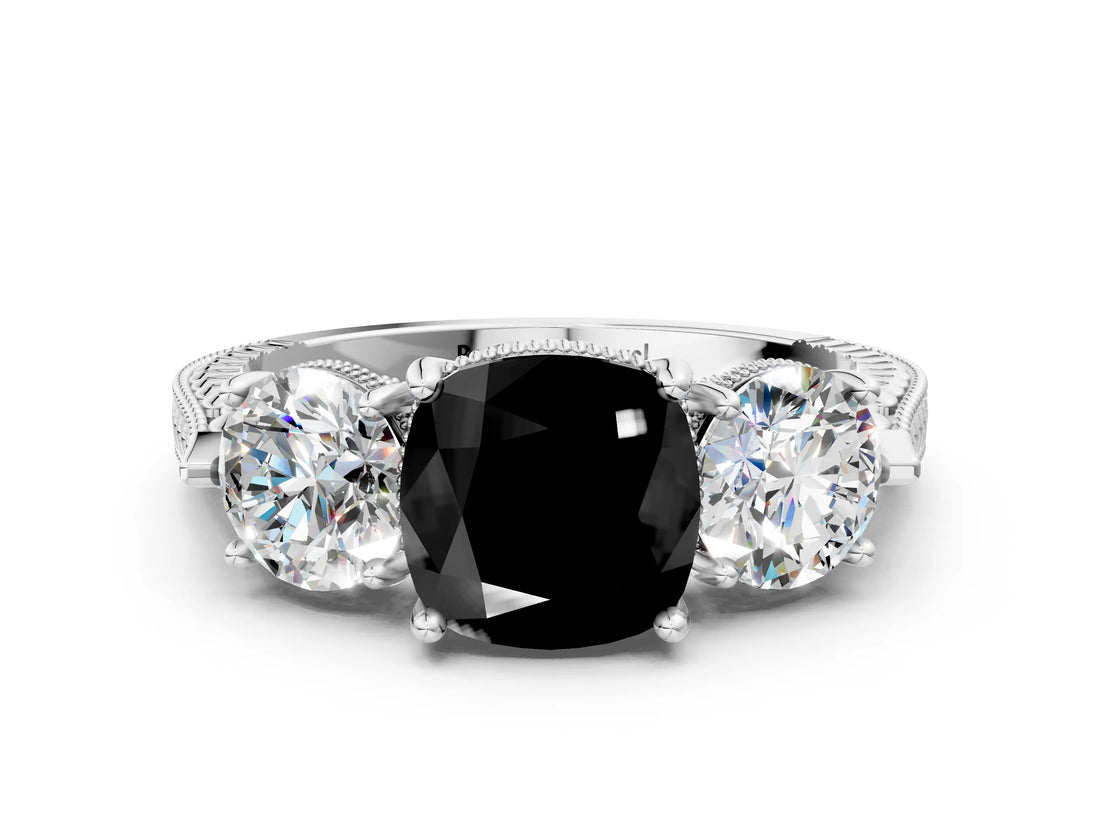 Platinum Three-Stone Fancy Black Cushion Cut Cut Milgrain Band Prong Setting Ring_18