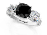 Platinum Three-Stone Fancy Black Cushion Cut Cut Milgrain Band Prong Setting Ring_19