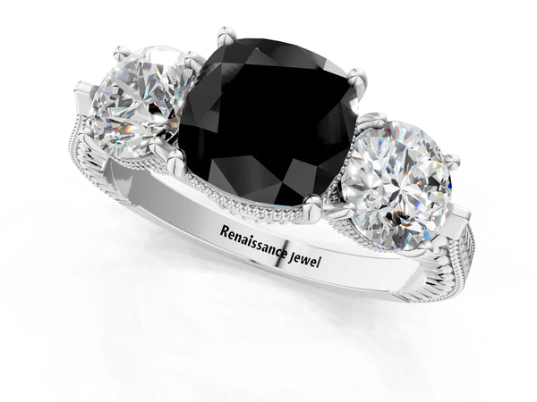 Platinum Cushion Cut Vintage Three Stone Engagement Ring Setting for Black Center