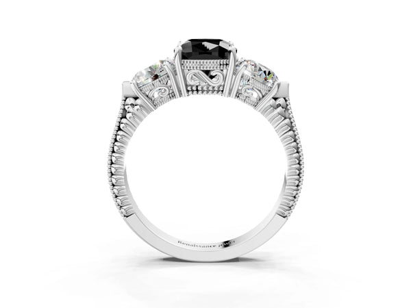 Platinum Cushion Cut Vintage Three Stone Engagement Ring Setting for Black Center