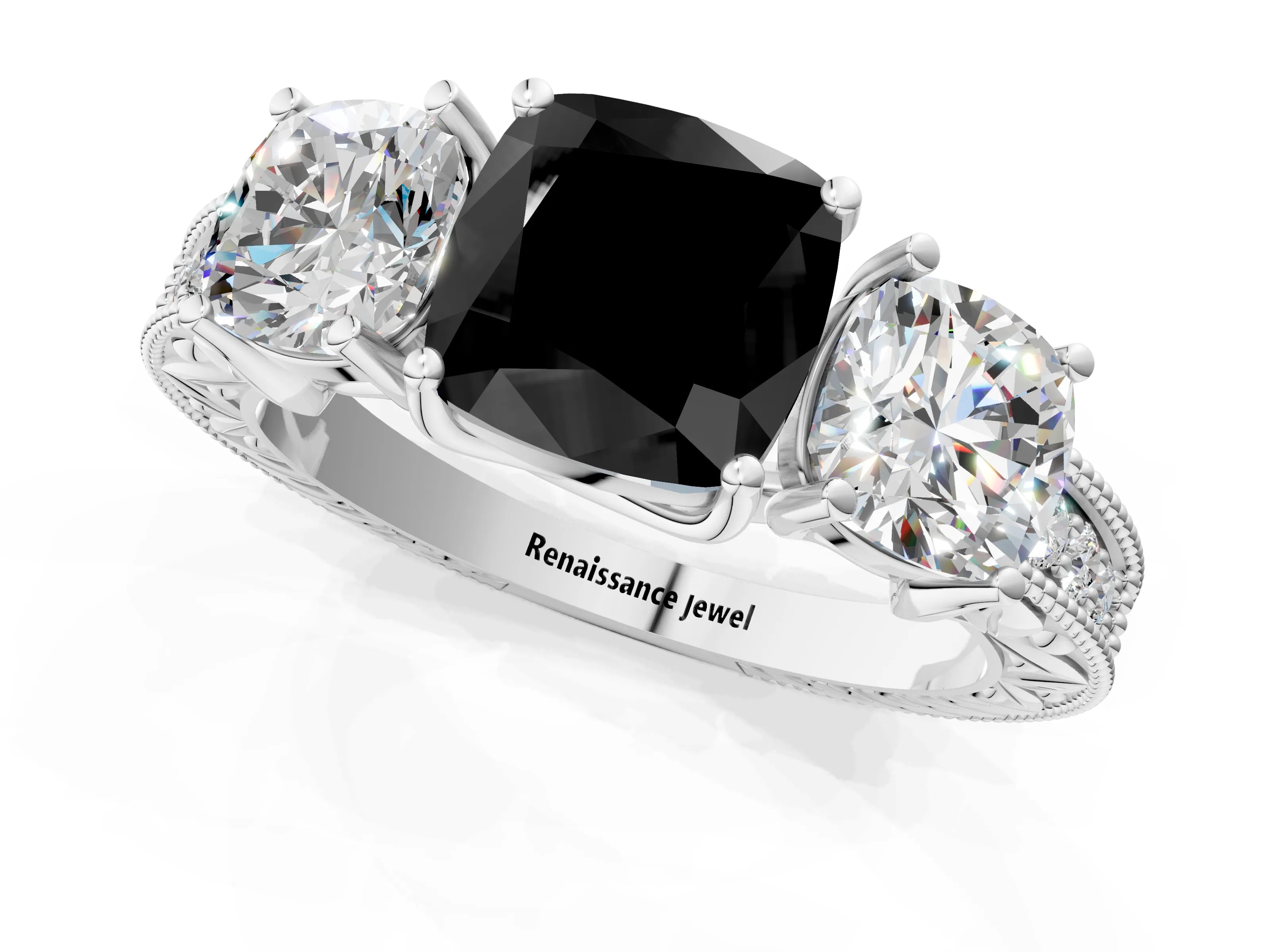 Platinum Three-Stone Fancy Black Cushion Cut Cut Milgrain Pavé Engagement Ring_19