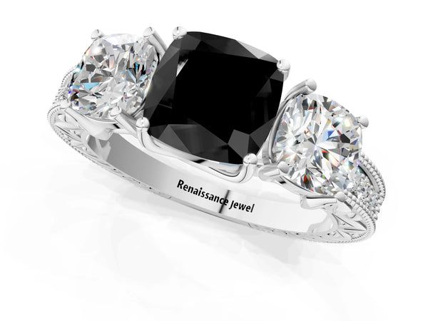 Platinum Cushion Cut Engraved Three Stone Engagement Ring Setting for Black Center