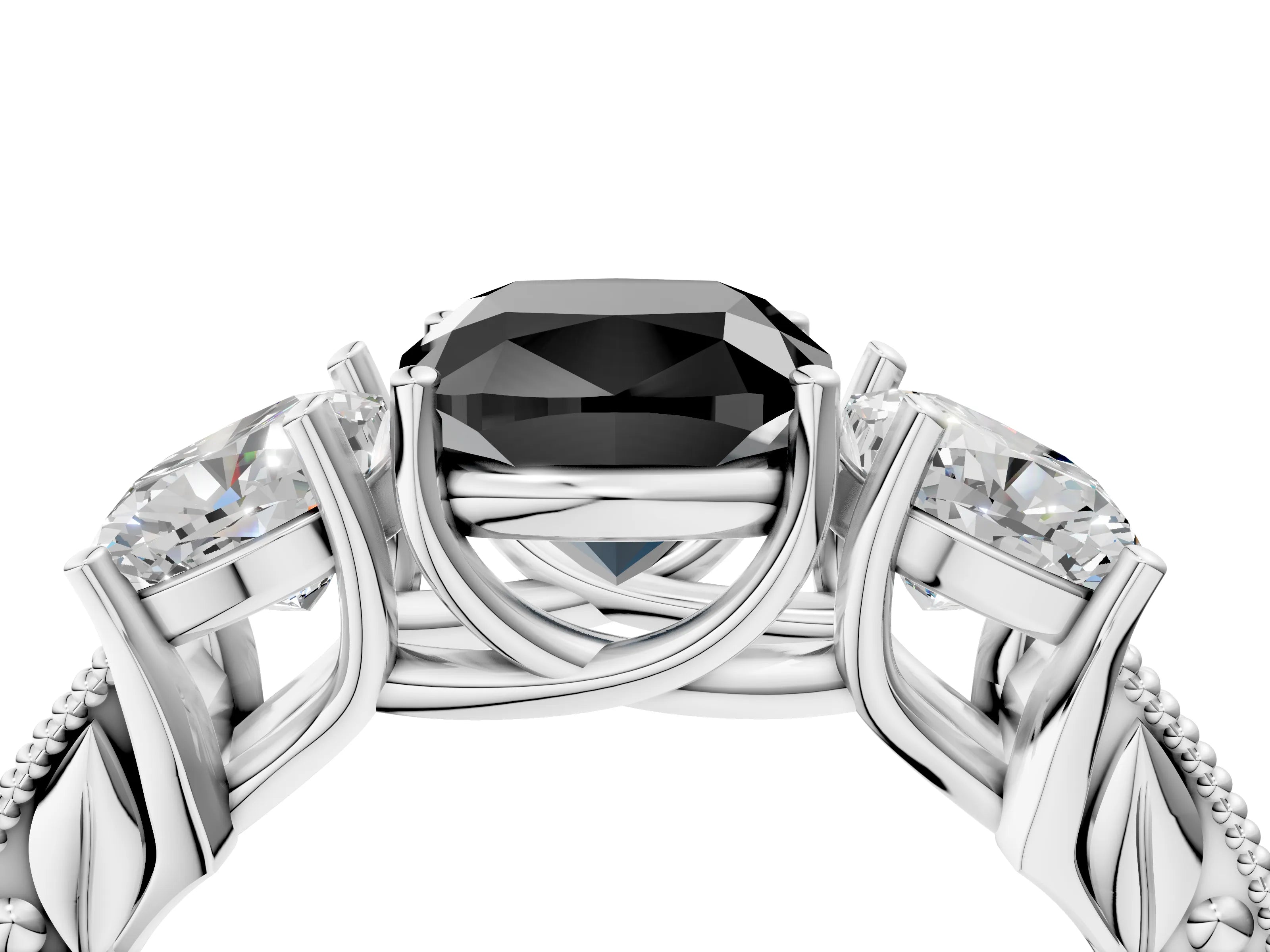 Platinum Three-Stone Fancy Black Cushion Cut Cut Milgrain Pavé Engagement Ring_22