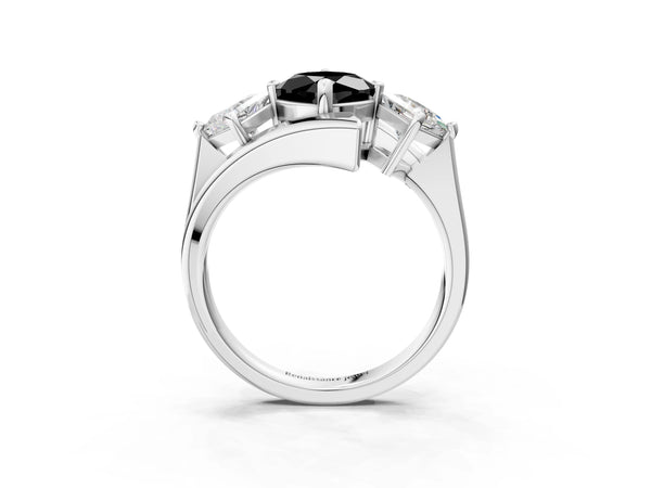 Platinum Three-Stone Fancy Black Cushion Cut Cut Tension Band Ring with Four-Prong Setting