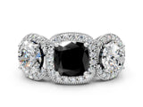 Platinum Three-Stone Fancy Black Cushion Cut Halo Diamond Milgrain Band with Four-Prong Setting_12