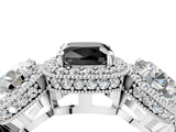 Platinum Three-Stone Fancy Black Cushion Cut Halo Diamond Milgrain Band with Four-Prong Setting_16