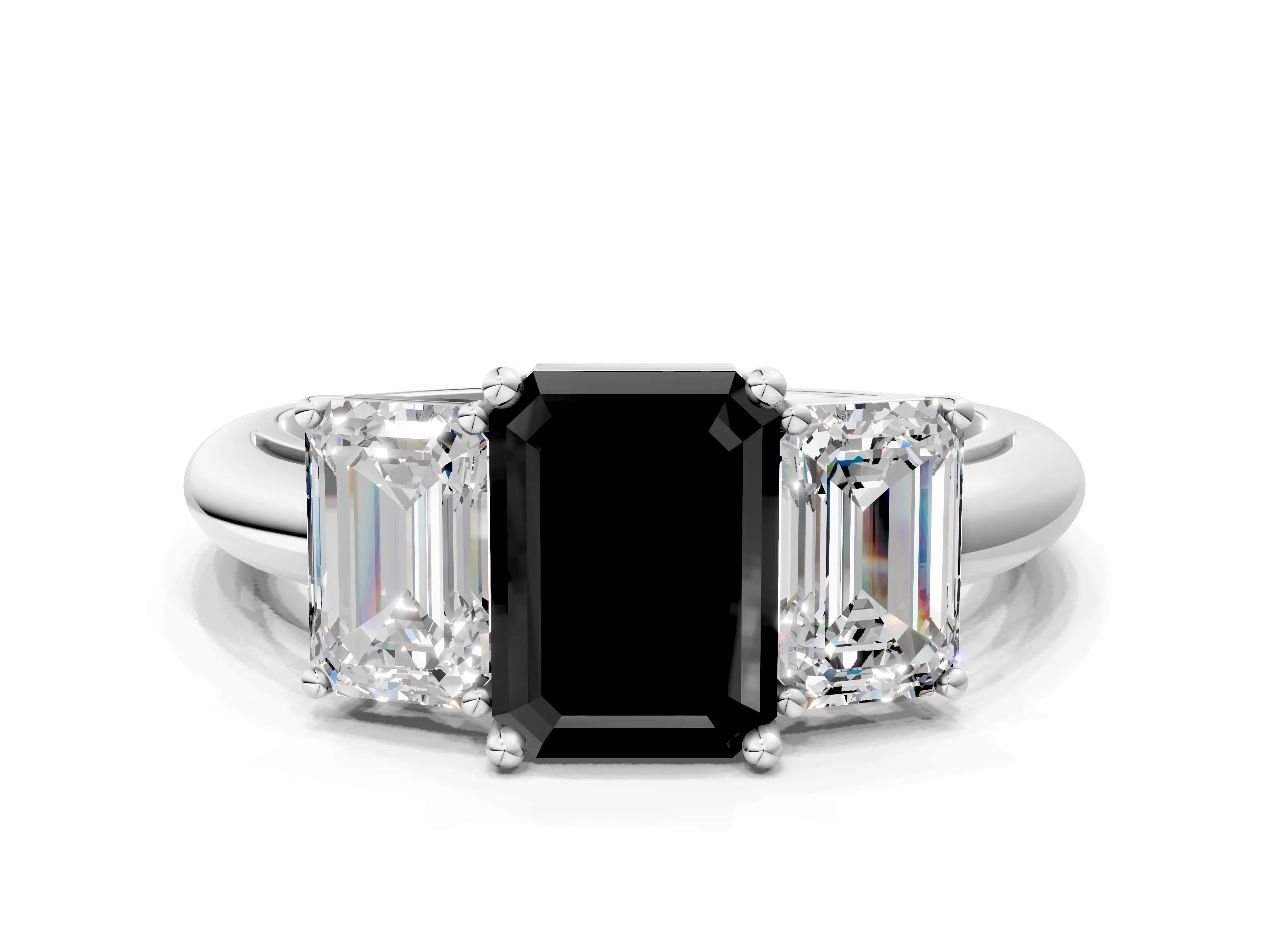 Platinum Three-Stone Fancy Black Emerald Cut Cut Diamond Engagement Ring with Prong Setting on a White Gold Band_48