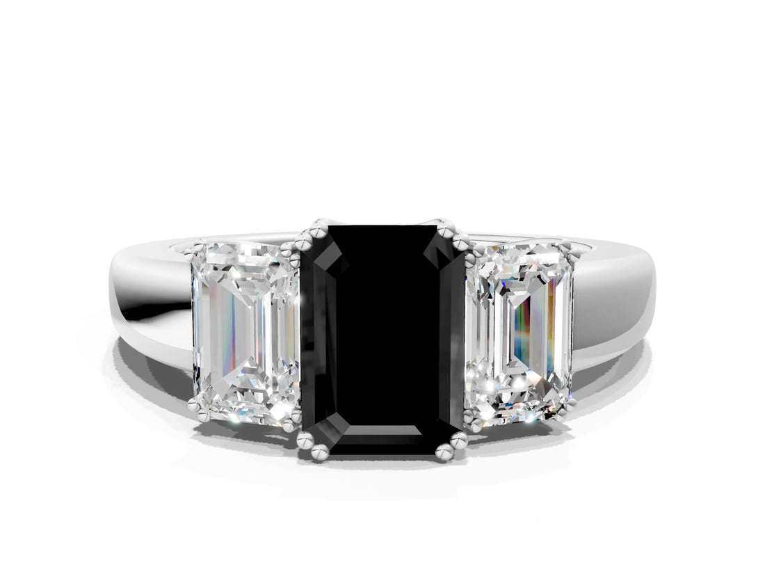 Platinum Three-Stone Fancy Black Emerald Cut Cut Diamond Ring with Channel Set Band and Four-Prong Setting_25