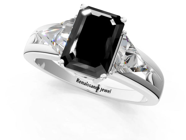 Platinum Emerald Cut Trillion Three Stone Engagement Ring Setting for Black Center
