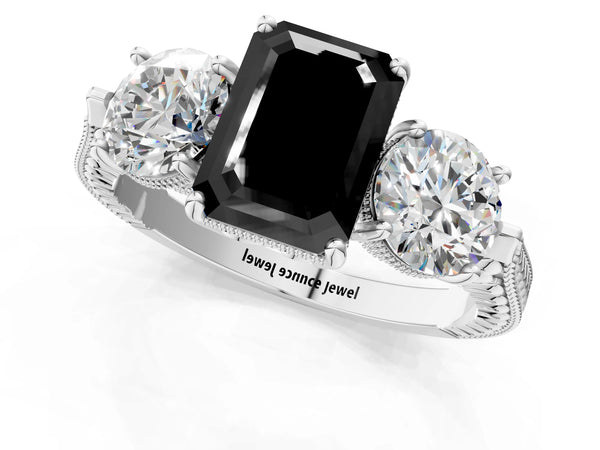 Platinum Emerald Cut Vintage Three Stone Engagement Ring Setting for Black Center