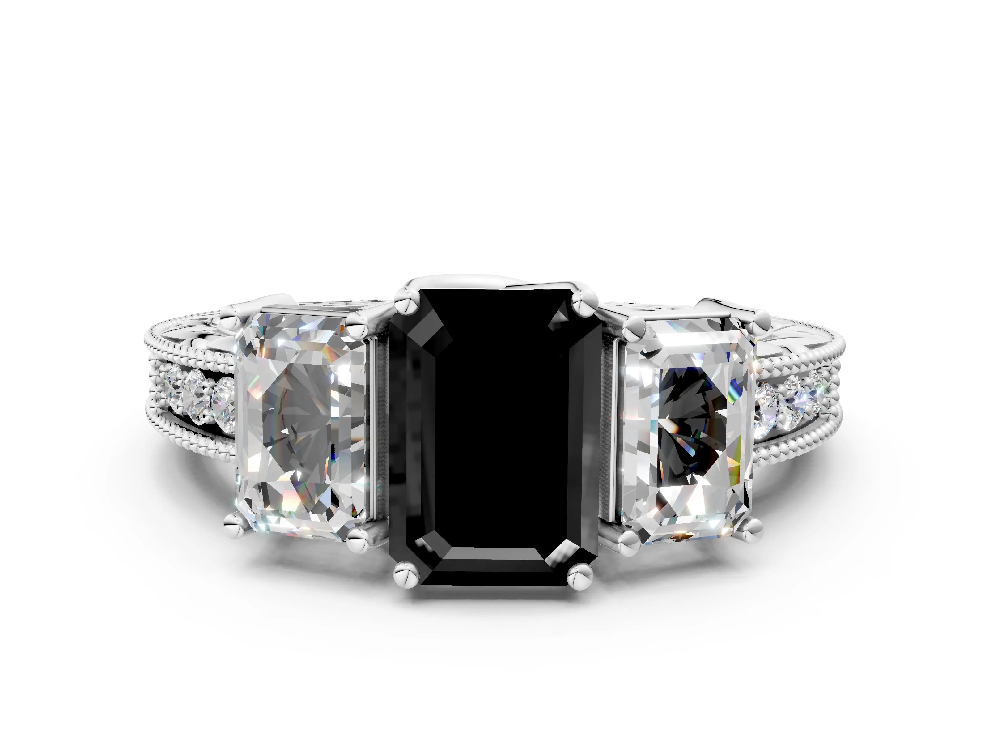 Platinum Three-Stone Fancy Black Emerald Cut Cut Milgrain Pavé Engagement Ring_60