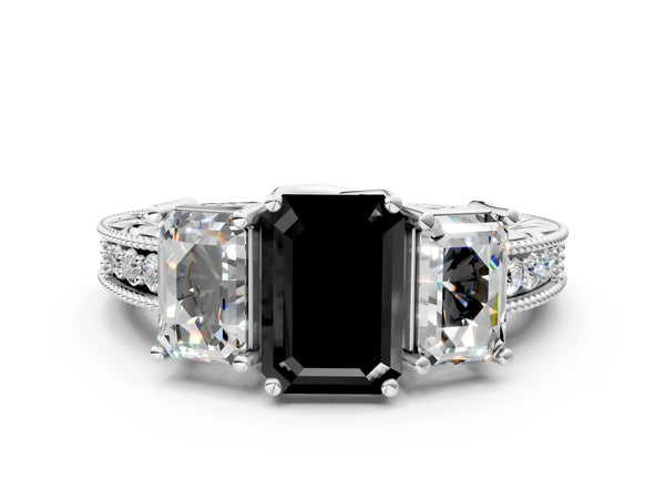 Platinum Emerald Cut Engraved Three Stone Engagement Ring Setting for Black Center