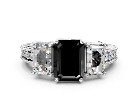 Platinum Three-Stone Fancy Black Emerald Cut Cut Milgrain Pavé Engagement Ring_60