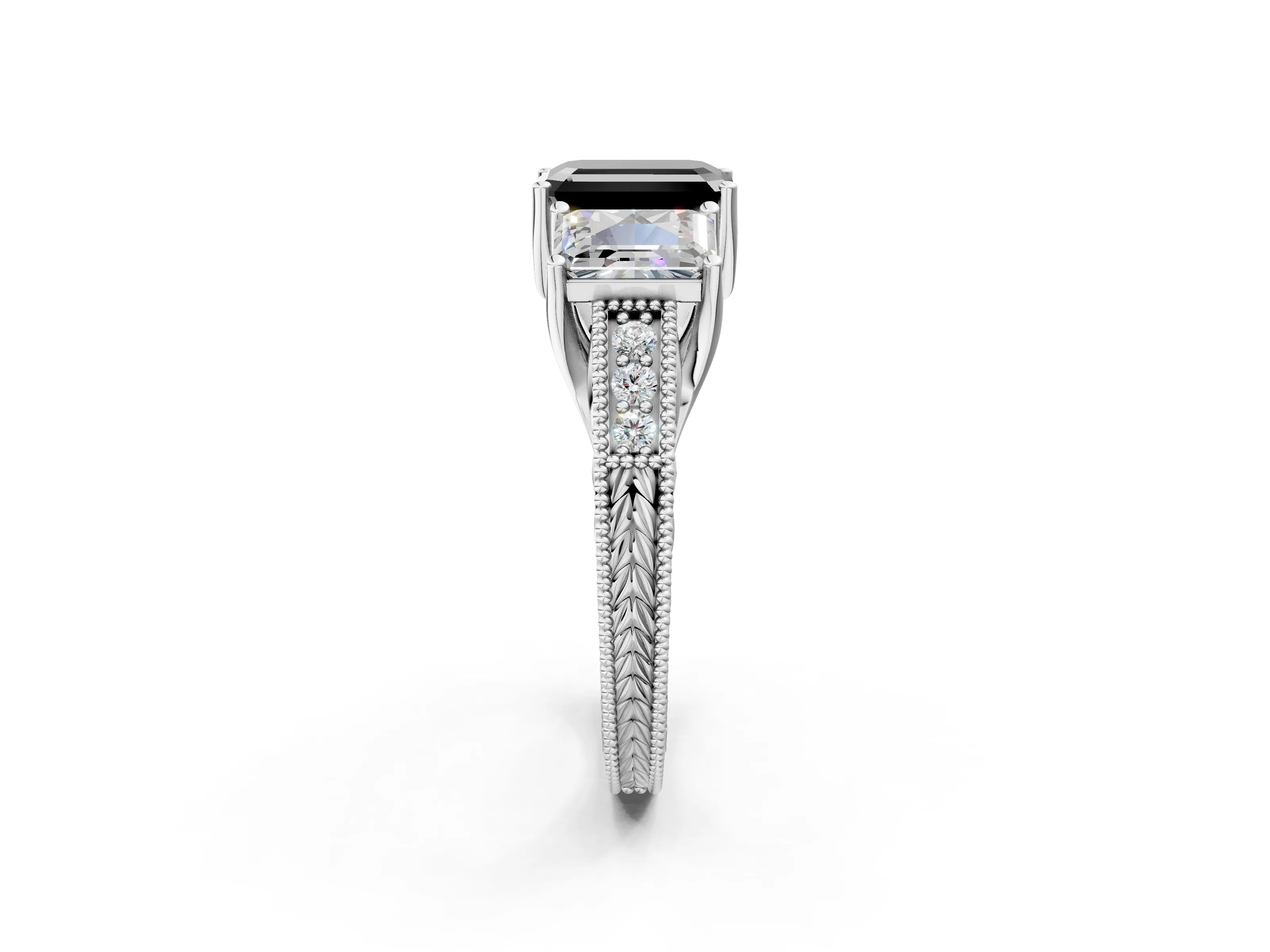 Platinum Three-Stone Fancy Black Emerald Cut Cut Milgrain Pavé Engagement Ring_62