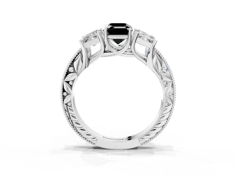 Platinum Three-Stone Fancy Black Emerald Cut Cut Milgrain Pavé Engagement Ring_63