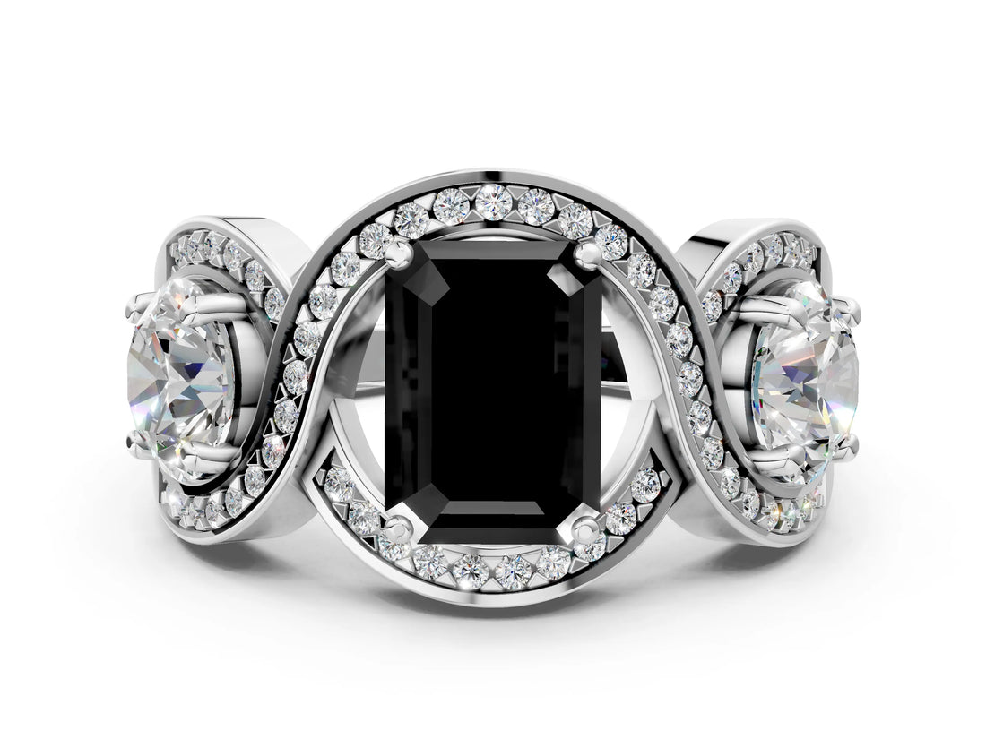 Platinum Three-Stone Fancy Black Emerald Cut Diamond Wave Pave Band with Prong Setting_66