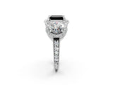Platinum Three-Stone Fancy Black Emerald Cut Halo Diamond Milgrain Band with Four-Prong Setting_8