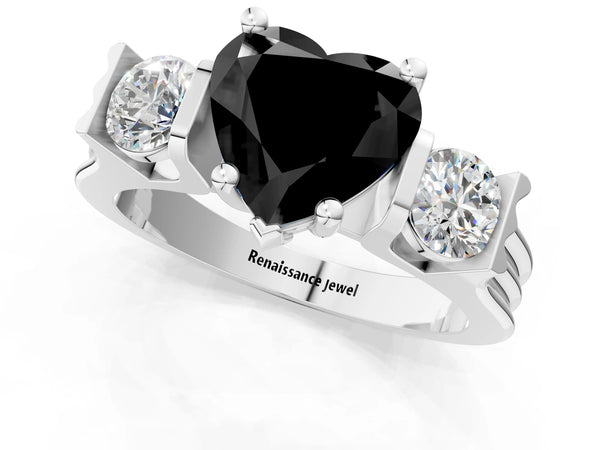 Platinum Three-Stone Fancy Black Heart Cut Classic Band Prong Setting Ring